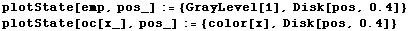 plotState[emp, pos_] := {GrayLevel[1], Disk[pos, 0.4]} plotState[oc[x_], pos_] := {color[x], Disk[pos, 0.4]} 