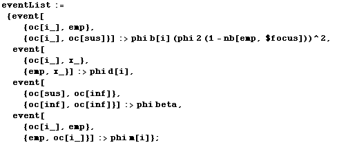 eventList :=  {event[ {oc[i_], emp},  {oc[i_], oc[sus]}] :> phi b[i] (phi 2 (1 - nb[emp, $focus]))^2,  event[ {oc[i_], x_},  {emp, x_}] :> phi d[i],  event[ {oc[sus], oc[inf]},  {oc[inf], oc[inf]}] :> phi beta,  event[ {oc[i_], emp},  {emp, oc[i_]}] :> phi m[i]} ;